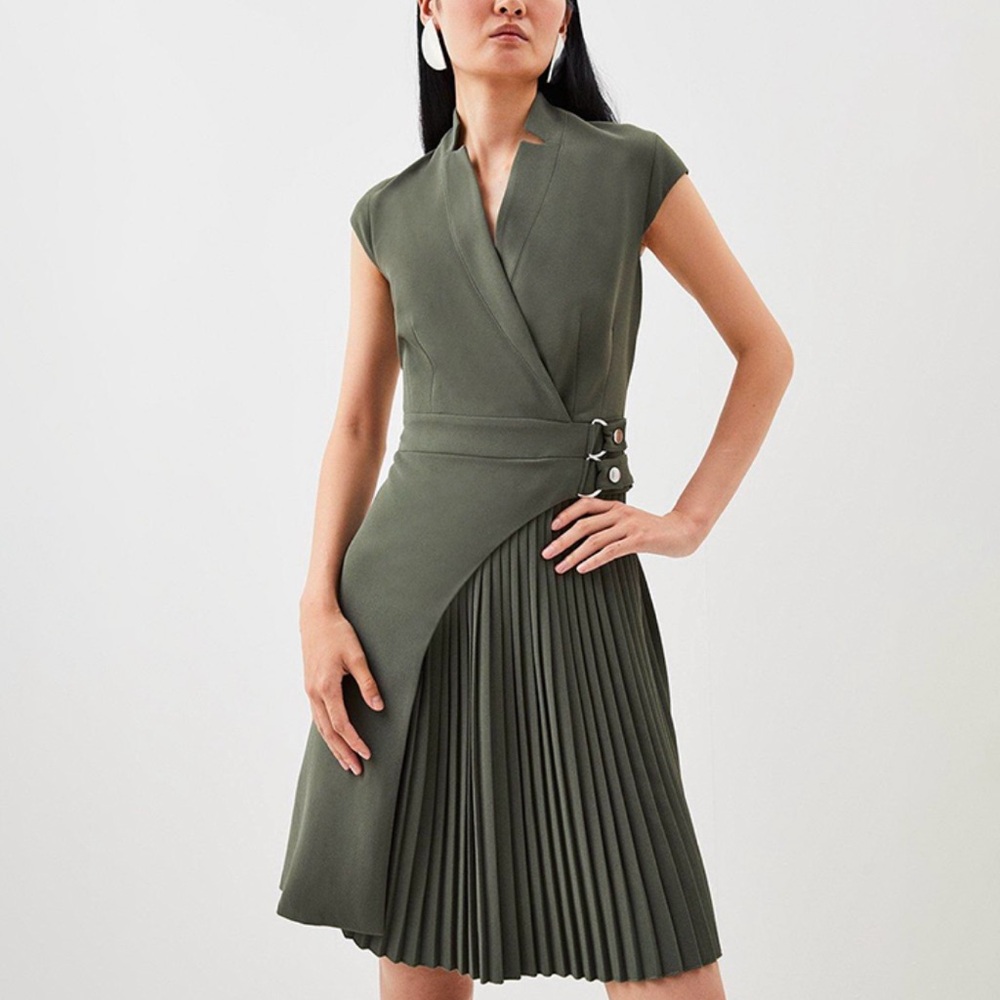 Karen Milne Military Pleat Notch Neck Wrap Dress